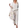 imageFlygo Womens Knit Two Piece Outfits Waffle Sweatsuit Short Sleeve Sweater Wide Leg Pants Loungewear Set GreyXXL