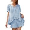 imageFlygo Womens Gingham Pajamas Set 2 Piece Cotton Pj Lounge Sets Puff Sleeve Ruffle Babydoll Shirt Shorts Summer OutfitsBlue