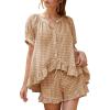 imageFlygo Womens Gingham Pajamas Set 2 Piece Cotton Pj Lounge Sets Puff Sleeve Ruffle Babydoll Shirt Shorts Summer OutfitsBrown