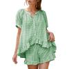 imageFlygo Womens Gingham Pajamas Set 2 Piece Cotton Pj Lounge Sets Puff Sleeve Ruffle Babydoll Shirt Shorts Summer OutfitsLight Green