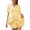 imageFlygo Womens Gingham Pajamas Set 2 Piece Cotton Pj Lounge Sets Puff Sleeve Ruffle Babydoll Shirt Shorts Summer OutfitsYellow