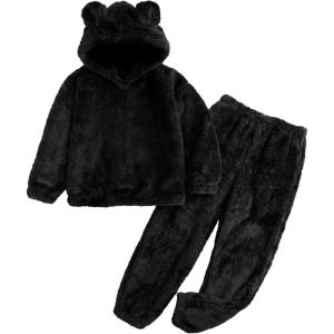 imageFlygo Girls Fuzzy Pants Set Crop Hoodie Bear Ear Two Piece Outfits Fluffy Sweatshirt and Fleece Pants SweatsuitBlack