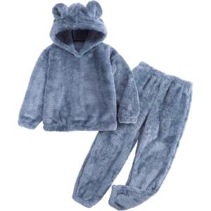 imageFlygo Girls Fuzzy Pants Set Crop Hoodie Bear Ear Two Piece Outfits Fluffy Sweatshirt and Fleece Pants SweatsuitBlue