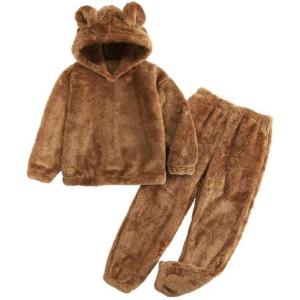 imageFlygo Girls Fuzzy Pants Set Crop Hoodie Bear Ear Two Piece Outfits Fluffy Sweatshirt and Fleece Pants SweatsuitBrown