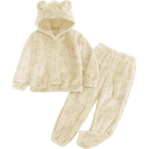 imageFlygo Girls Fuzzy Pants Set Crop Hoodie Bear Ear Two Piece Outfits Fluffy Sweatshirt and Fleece Pants SweatsuitKhaki