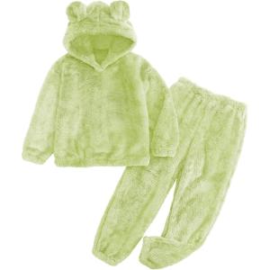 imageFlygo Girls Fuzzy Pants Set Crop Hoodie Bear Ear Two Piece Outfits Fluffy Sweatshirt and Fleece Pants SweatsuitLightgreen