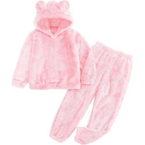 imageFlygo Girls Fuzzy Pants Set Crop Hoodie Bear Ear Two Piece Outfits Fluffy Sweatshirt and Fleece Pants SweatsuitLightpink