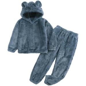 imageFlygo Girls Fuzzy Pants Set Crop Hoodie Bear Ear Two Piece Outfits Fluffy Sweatshirt and Fleece Pants SweatsuitNavy