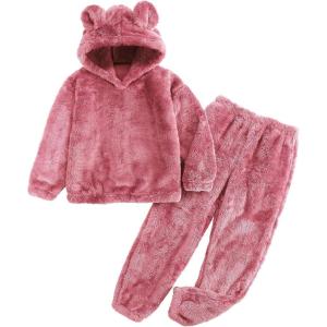 imageFlygo Girls Fuzzy Pants Set Crop Hoodie Bear Ear Two Piece Outfits Fluffy Sweatshirt and Fleece Pants SweatsuitPink