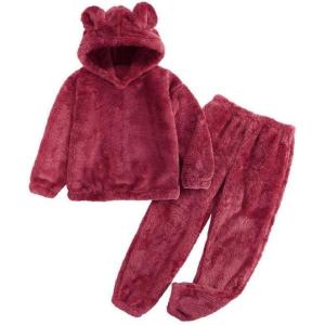 imageFlygo Girls Fuzzy Pants Set Crop Hoodie Bear Ear Two Piece Outfits Fluffy Sweatshirt and Fleece Pants SweatsuitRed