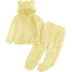 imageFlygo Girls Fuzzy Pants Set Crop Hoodie Bear Ear Two Piece Outfits Fluffy Sweatshirt and Fleece Pants SweatsuitYellow