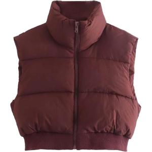 imageFlygo Womens Cropped Puffer Vest Zip Up Stand Collar Sleeveless Padded Bubble Vest02 Burgundy