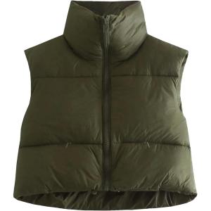 imageFlygo Womens Cropped Puffer Vest Zip Up Stand Collar Sleeveless Padded Bubble VestArmygreen