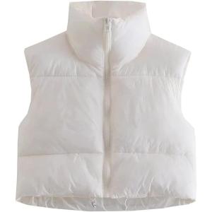 imageFlygo Womens Cropped Puffer Vest Zip Up Stand Collar Sleeveless Padded Bubble VestBeige