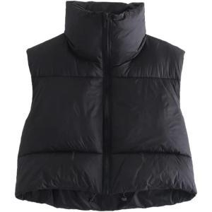 imageFlygo Womens Cropped Puffer Vest Zip Up Stand Collar Sleeveless Padded Bubble VestBlack