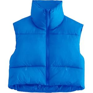 imageFlygo Womens Cropped Puffer Vest Zip Up Stand Collar Sleeveless Padded Bubble VestBlue