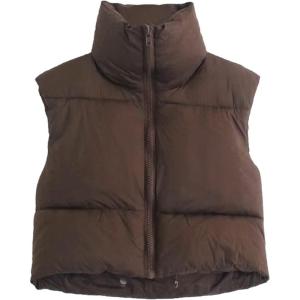 imageFlygo Womens Cropped Puffer Vest Zip Up Stand Collar Sleeveless Padded Bubble VestBrown
