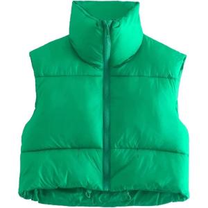 imageFlygo Womens Cropped Puffer Vest Zip Up Stand Collar Sleeveless Padded Bubble VestGreen