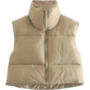 imageFlygo Womens Cropped Puffer Vest Zip Up Stand Collar Sleeveless Padded Bubble VestKhaki