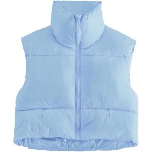 imageFlygo Womens Cropped Puffer Vest Zip Up Stand Collar Sleeveless Padded Bubble VestLightblue