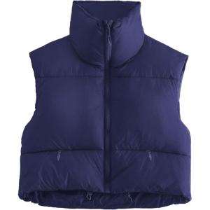 imageFlygo Womens Cropped Puffer Vest Zip Up Stand Collar Sleeveless Padded Bubble VestNavyblue