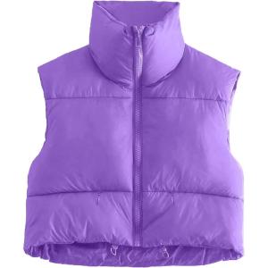 imageFlygo Womens Cropped Puffer Vest Zip Up Stand Collar Sleeveless Padded Bubble VestPurple