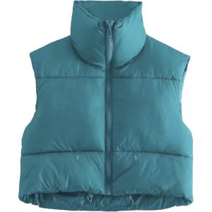 imageFlygo Womens Cropped Puffer Vest Zip Up Stand Collar Sleeveless Padded Bubble VestTeal