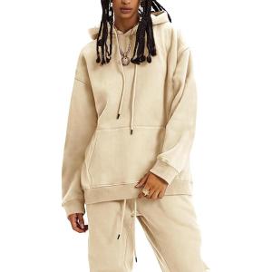 imageFlygo Womens Fleece 2 Piece Outfits Lounge Hoodie Sweatsuits Sets Oversized Sweatshirt Baggy Sweatpants Set WPocketsBeige