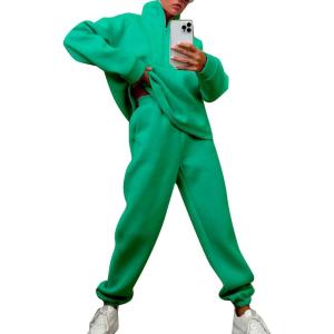 imageFlygo Womens Fleece 2 Piece Sweatsuit Half Zip Pullover Jogging Tracksuit Sweatshirt and SweatpantsGreenS