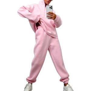 imageFlygo Womens Fleece 2 Piece Sweatsuit Half Zip Pullover Jogging Tracksuit Sweatshirt and SweatpantsPinkS