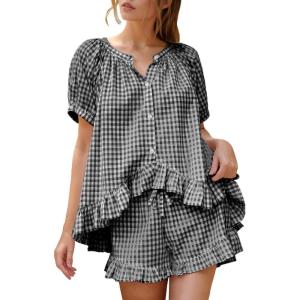 imageFlygo Womens Gingham Pajamas Set 2 Piece Cotton Pj Lounge Sets Puff Sleeve Ruffle Babydoll Shirt Shorts Summer OutfitsBlack