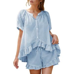imageFlygo Womens Gingham Pajamas Set 2 Piece Cotton Pj Lounge Sets Puff Sleeve Ruffle Babydoll Shirt Shorts Summer OutfitsBlue