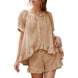 imageFlygo Womens Gingham Pajamas Set 2 Piece Cotton Pj Lounge Sets Puff Sleeve Ruffle Babydoll Shirt Shorts Summer OutfitsBrown