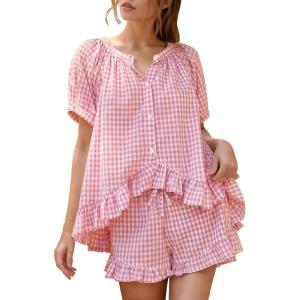 imageFlygo Womens Gingham Pajamas Set 2 Piece Cotton Pj Lounge Sets Puff Sleeve Ruffle Babydoll Shirt Shorts Summer OutfitsPink