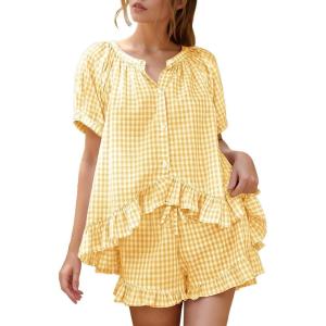 imageFlygo Womens Gingham Pajamas Set 2 Piece Cotton Pj Lounge Sets Puff Sleeve Ruffle Babydoll Shirt Shorts Summer OutfitsYellow