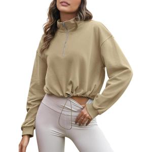 imageFlygo Womens Half Zip Sweatshirts Stand Collar Activewear Running Workout Pullover TopsApricot