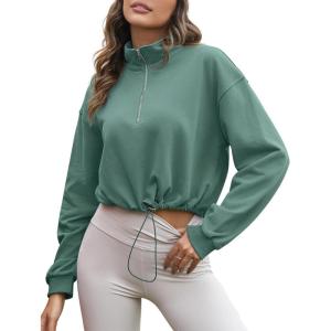 imageFlygo Womens Half Zip Sweatshirts Stand Collar Activewear Running Workout Pullover TopsBean Green
