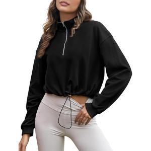imageFlygo Womens Half Zip Sweatshirts Stand Collar Activewear Running Workout Pullover TopsBlack