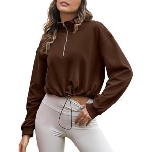 imageFlygo Womens Half Zip Sweatshirts Stand Collar Activewear Running Workout Pullover TopsBrown