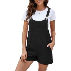 imageFlygo Womens Short Overalls Summer Casual Cotton Linen Adjustable Bib Shortalls Jumpsuits Romper Shorts with PocketsBlack