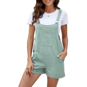 imageFlygo Womens Short Overalls Summer Casual Cotton Linen Adjustable Bib Shortalls Jumpsuits Romper Shorts with PocketsCyan