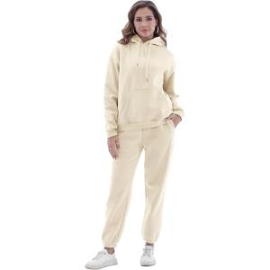 imageFlygo Womens Two Piece Outfits Oversized Sweat Suits Lounge Sets Sweatshirts Winter Teacher Clothing Sweatpants with PocketsBeige