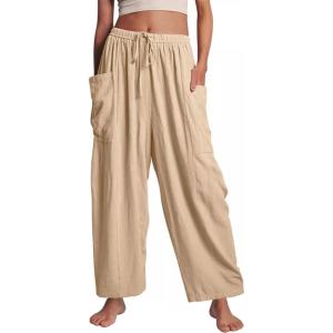 imageFlygo Womens Wide Leg Pants Summer Casual Loose Fit Beach Palazzo Harem Pants with PocketsLight Khaki