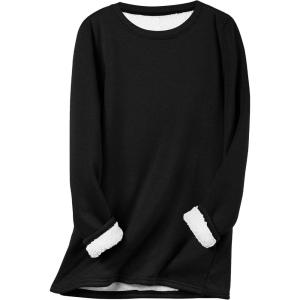 imageFlygo Womens Winter Warm Sherpa Lined Fleece Crewneck Sweatshirt Pullover Loungewear Tunic TopsBlack