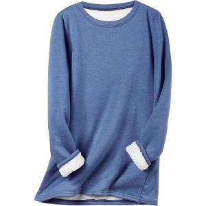 imageFlygo Womens Winter Warm Sherpa Lined Fleece Crewneck Sweatshirt Pullover Loungewear Tunic TopsBlue