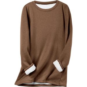 imageFlygo Womens Winter Warm Sherpa Lined Fleece Crewneck Sweatshirt Pullover Loungewear Tunic TopsBrown