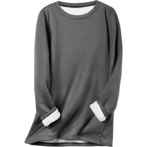 imageFlygo Womens Winter Warm Sherpa Lined Fleece Crewneck Sweatshirt Pullover Loungewear Tunic TopsDark Grey