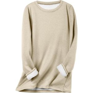 imageFlygo Womens Winter Warm Sherpa Lined Fleece Crewneck Sweatshirt Pullover Loungewear Tunic TopsKhaki