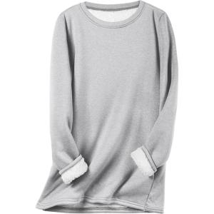imageFlygo Womens Winter Warm Sherpa Lined Fleece Crewneck Sweatshirt Pullover Loungewear Tunic TopsLight Grey