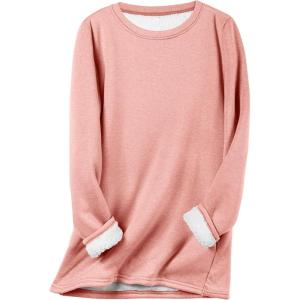 imageFlygo Womens Winter Warm Sherpa Lined Fleece Crewneck Sweatshirt Pullover Loungewear Tunic TopsPink